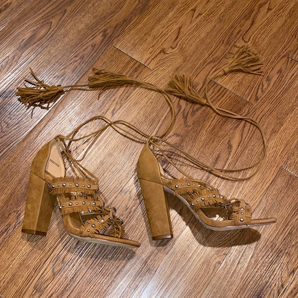 Faux Suede Fringed Chunky Heels - Picture 2 of 5